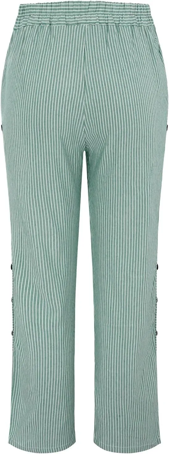 Women Stripe Cotton Linen Pants Fashion Straight Leg Side Button Work Dressy Trousers Elastic Waist Casual Sweatpants