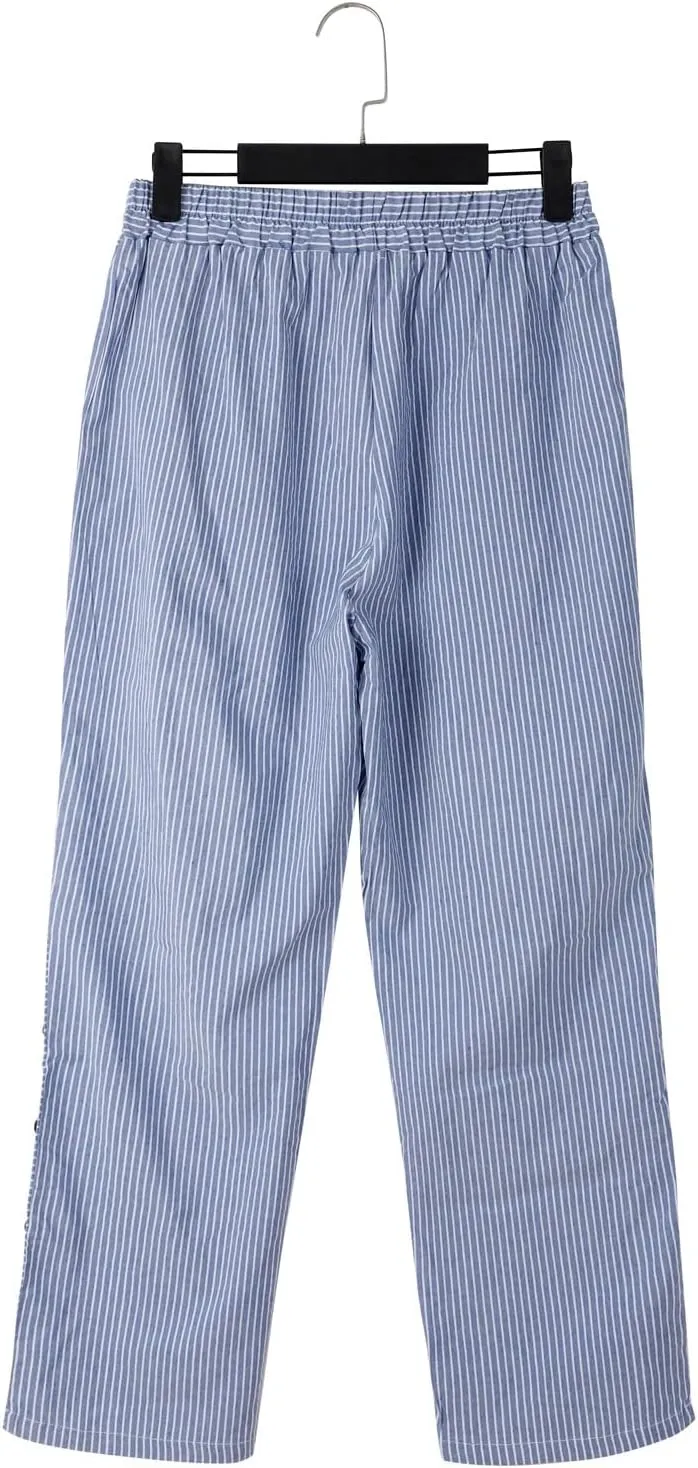 Women Stripe Cotton Linen Pants Fashion Straight Leg Side Button Work Dressy Trousers Elastic Waist Casual Sweatpants