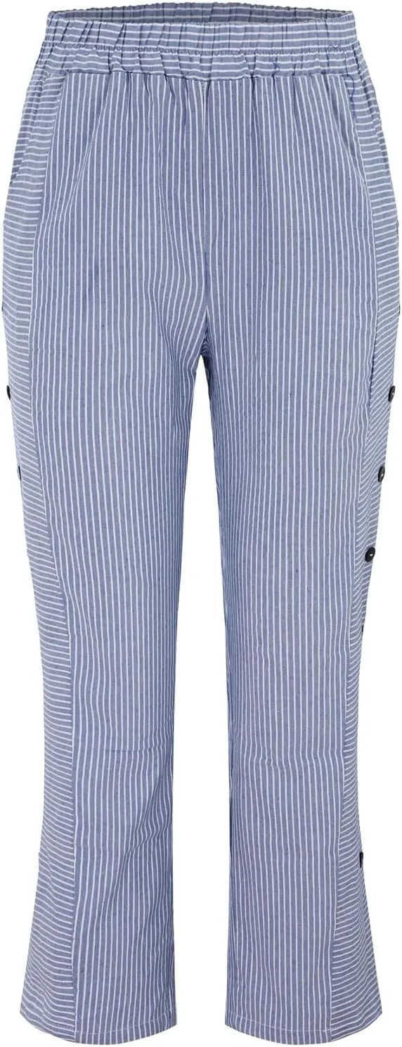 Women Stripe Cotton Linen Pants Fashion Straight Leg Side Button Work Dressy Trousers Elastic Waist Casual Sweatpants