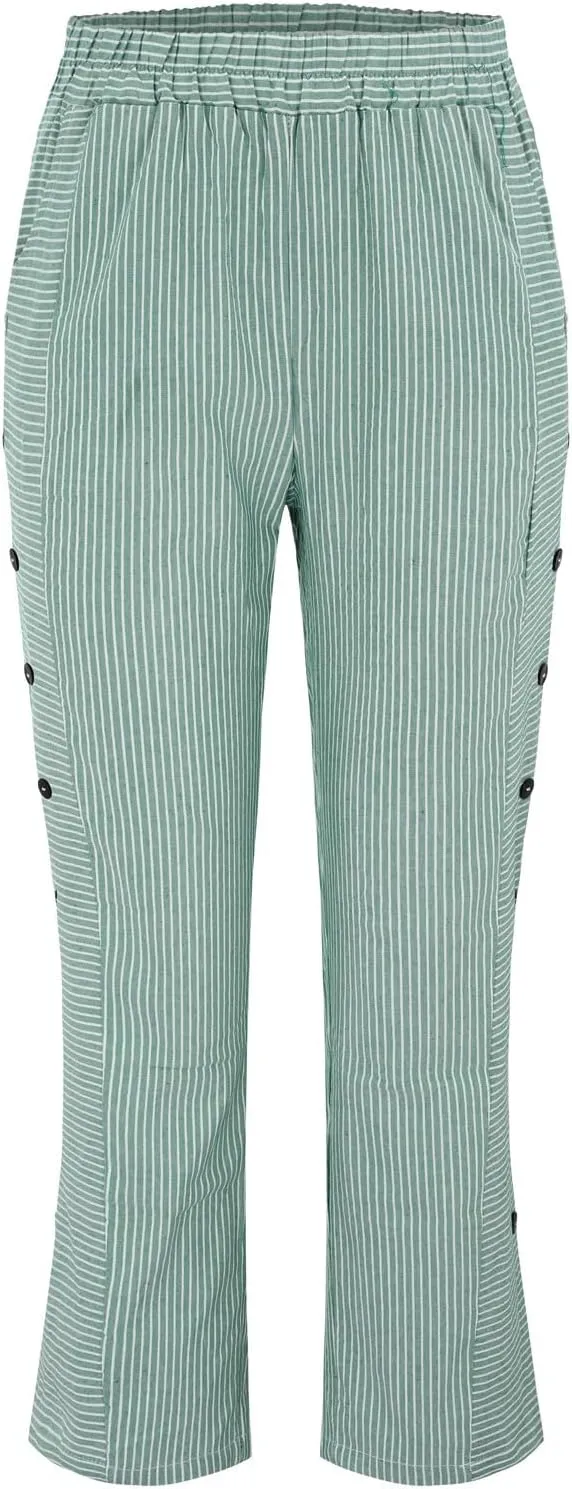 Women Stripe Cotton Linen Pants Fashion Straight Leg Side Button Work Dressy Trousers Elastic Waist Casual Sweatpants