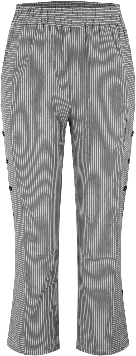 Women Stripe Cotton Linen Pants Fashion Straight Leg Side Button Work Dressy Trousers Elastic Waist Casual Sweatpants