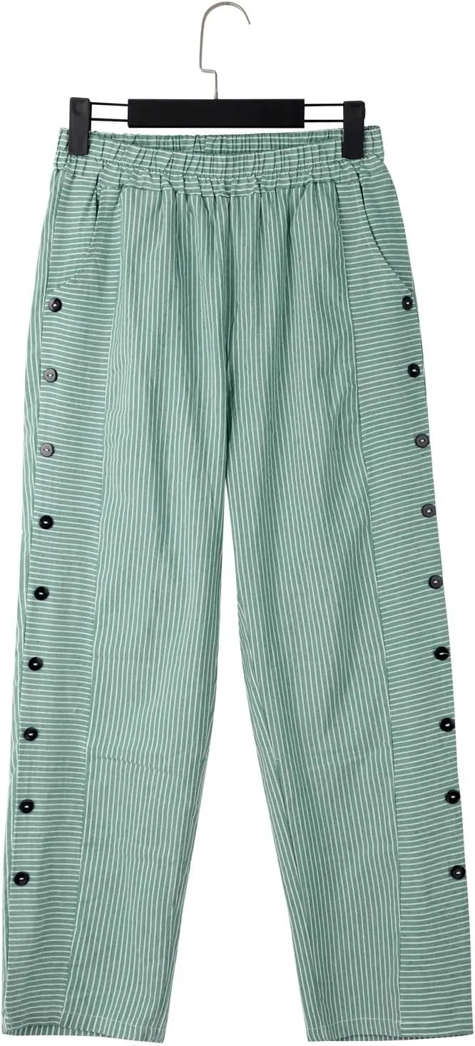 Women Stripe Cotton Linen Pants Fashion Straight Leg Side Button Work Dressy Trousers Elastic Waist Casual Sweatpants