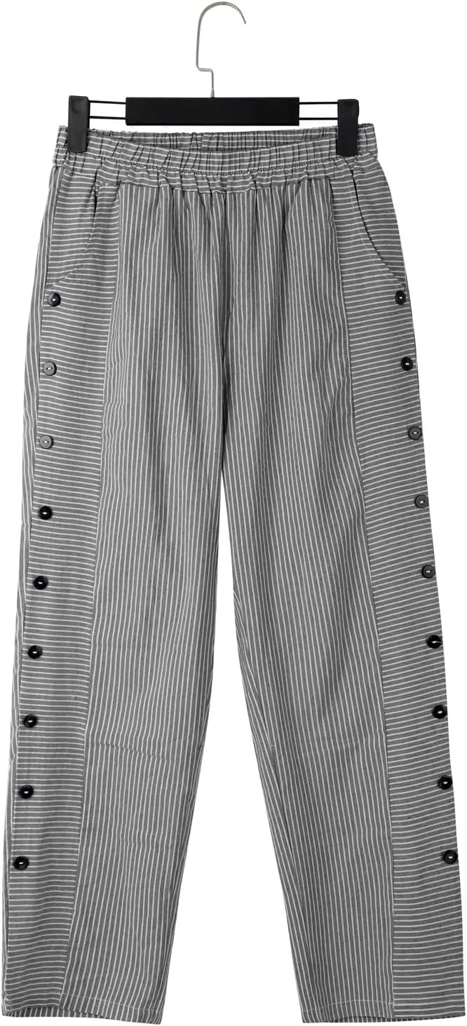 Women Stripe Cotton Linen Pants Fashion Straight Leg Side Button Work Dressy Trousers Elastic Waist Casual Sweatpants