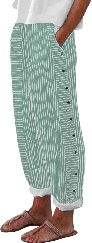 Women Stripe Cotton Linen Pants Fashion Straight Leg Side Button Work Dressy Trousers Elastic Waist Casual Sweatpants