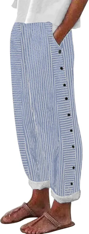 Women Stripe Cotton Linen Pants Fashion Straight Leg Side Button Work Dressy Trousers Elastic Waist Casual Sweatpants
