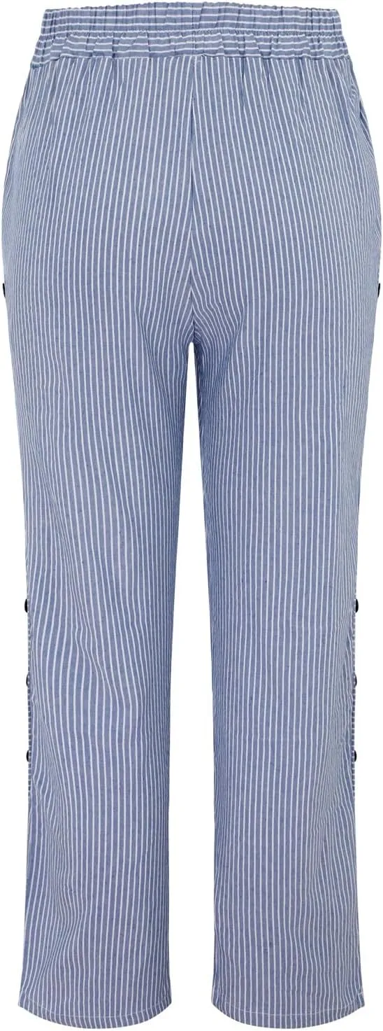 Women Stripe Cotton Linen Pants Fashion Straight Leg Side Button Work Dressy Trousers Elastic Waist Casual Sweatpants