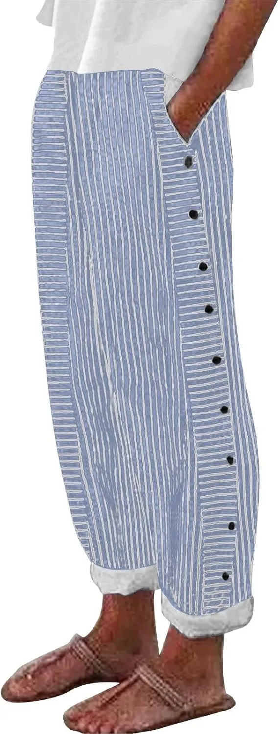 Women Stripe Cotton Linen Pants Fashion Straight Leg Side Button Work Dressy Trousers Elastic Waist Casual Sweatpants