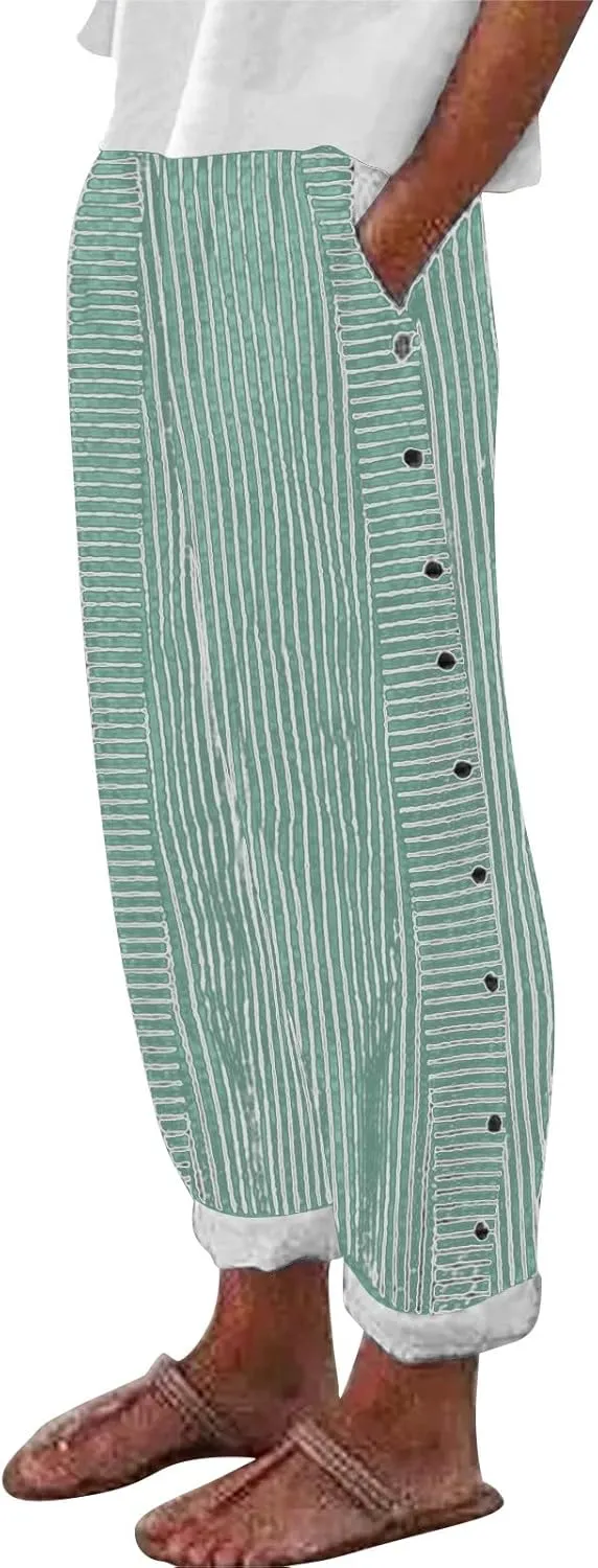 Women Stripe Cotton Linen Pants Fashion Straight Leg Side Button Work Dressy Trousers Elastic Waist Casual Sweatpants