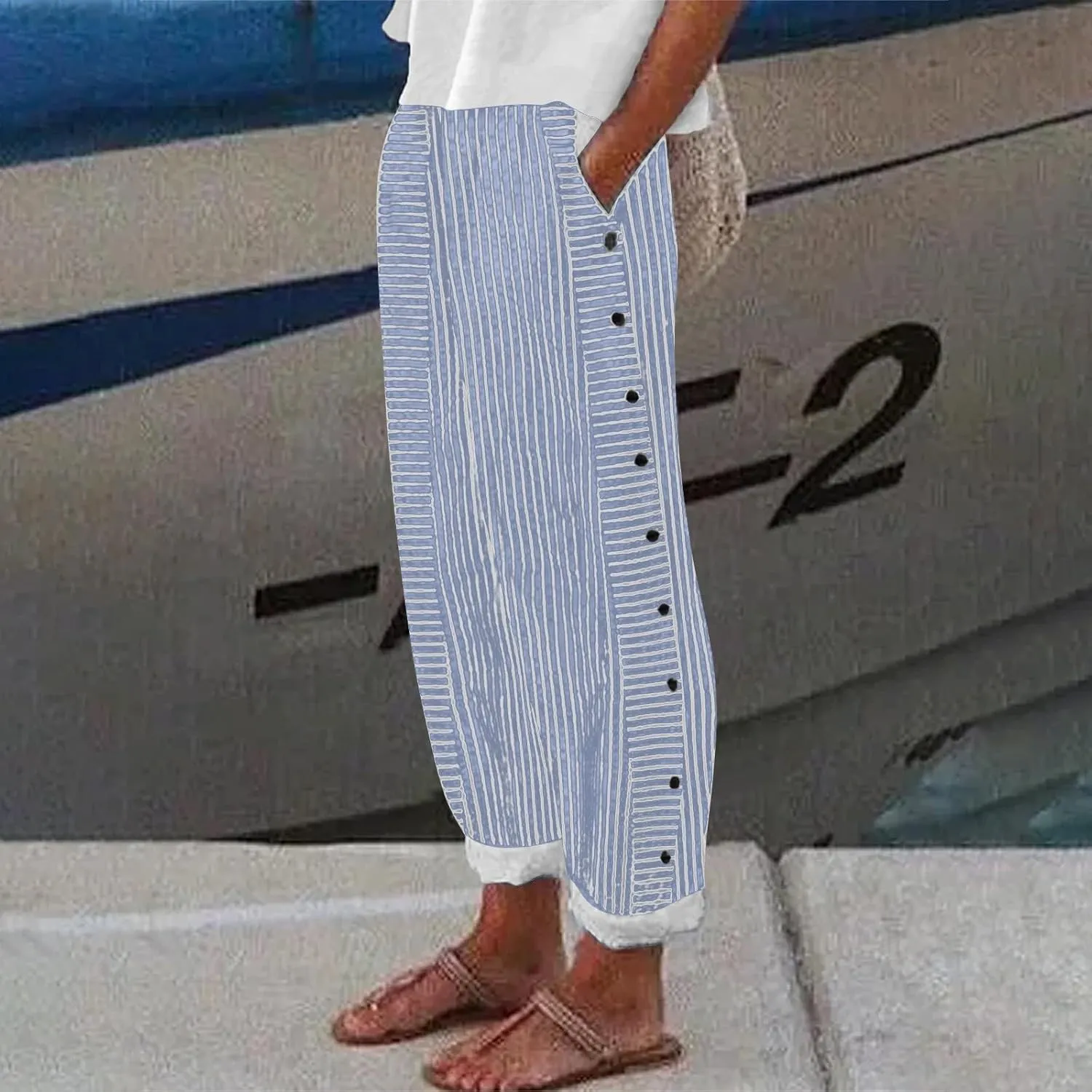 Women Stripe Cotton Linen Pants Fashion Straight Leg Side Button Work Dressy Trousers Elastic Waist Casual Sweatpants