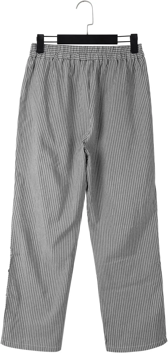 Women Stripe Cotton Linen Pants Fashion Straight Leg Side Button Work Dressy Trousers Elastic Waist Casual Sweatpants