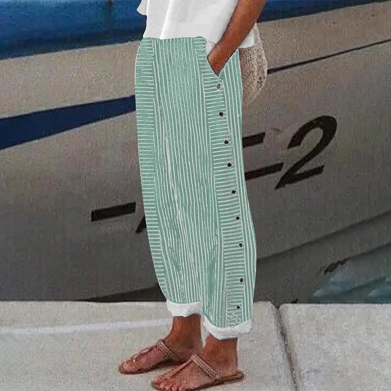 Women Stripe Cotton Linen Pants Fashion Straight Leg Side Button Work Dressy Trousers Elastic Waist Casual Sweatpants
