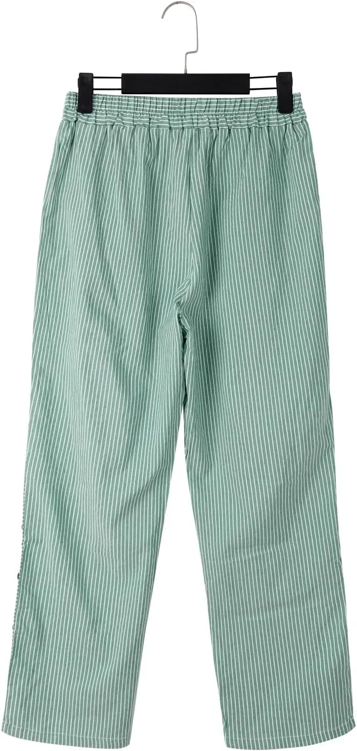 Women Stripe Cotton Linen Pants Fashion Straight Leg Side Button Work Dressy Trousers Elastic Waist Casual Sweatpants