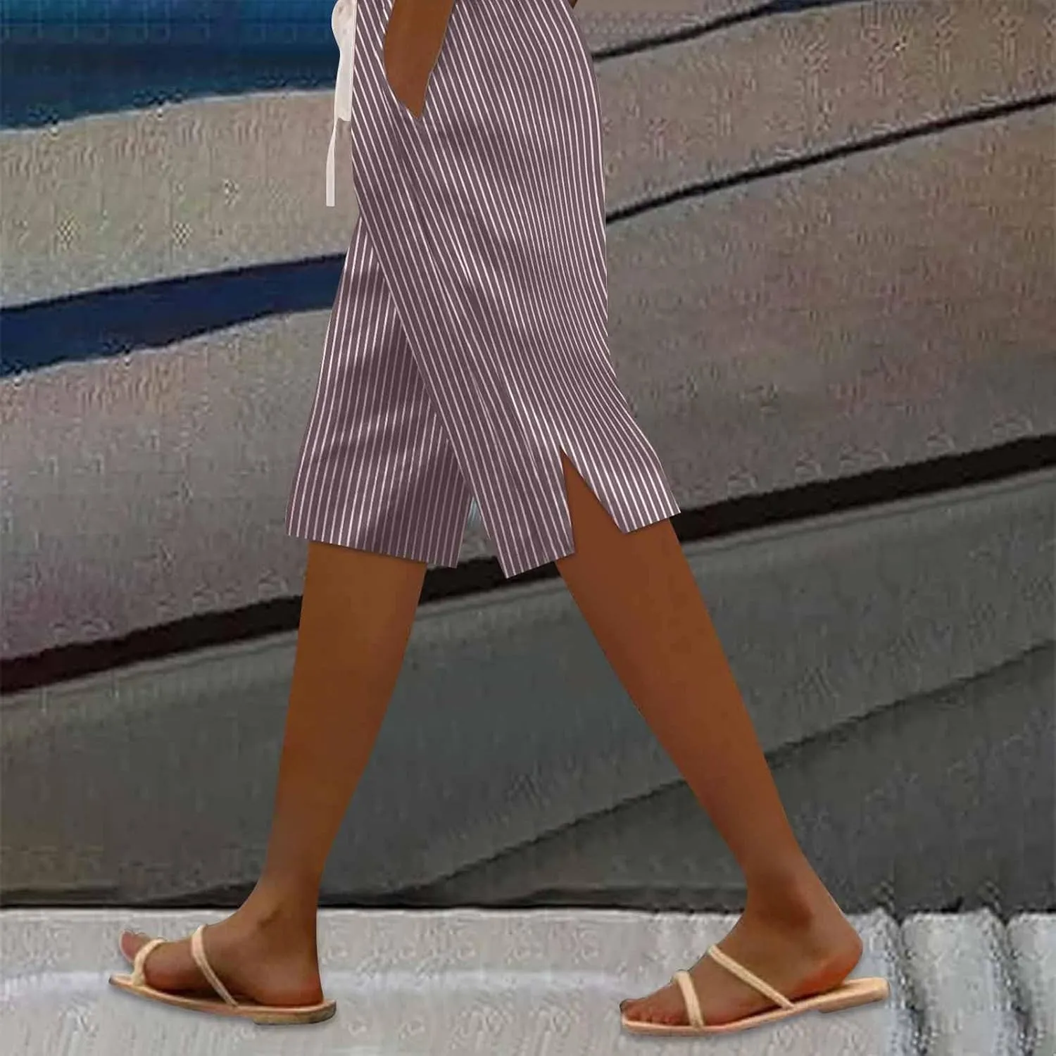 Women Summer Lightweight Linen Shorts Trendy Stripe Casual Beach Palazzo Trouser Quick-Dry Vacation Active Sport Pant