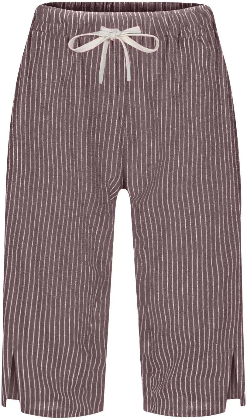 Women Summer Lightweight Linen Shorts Trendy Stripe Casual Beach Palazzo Trouser Quick-Dry Vacation Active Sport Pant