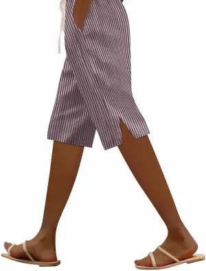 Women Summer Lightweight Linen Shorts Trendy Stripe Casual Beach Palazzo Trouser Quick-Dry Vacation Active Sport Pant