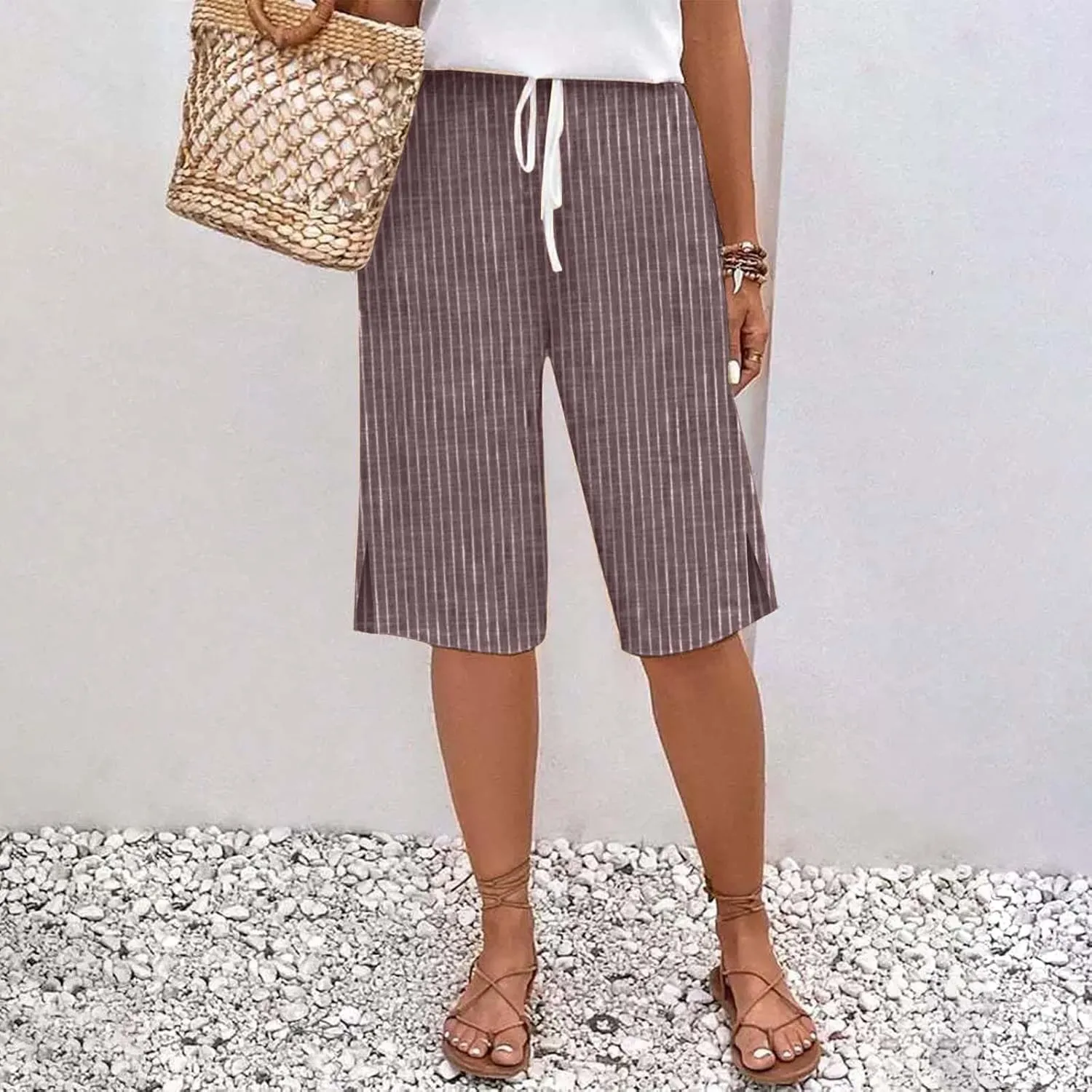 Women Summer Lightweight Linen Shorts Trendy Stripe Casual Beach Palazzo Trouser Quick-Dry Vacation Active Sport Pant
