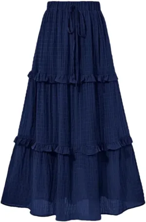 Women Summer Long Tiered Skirt Ruffled Shirred Frill Trim Elastic Waist Drawstring A-Line Skirt