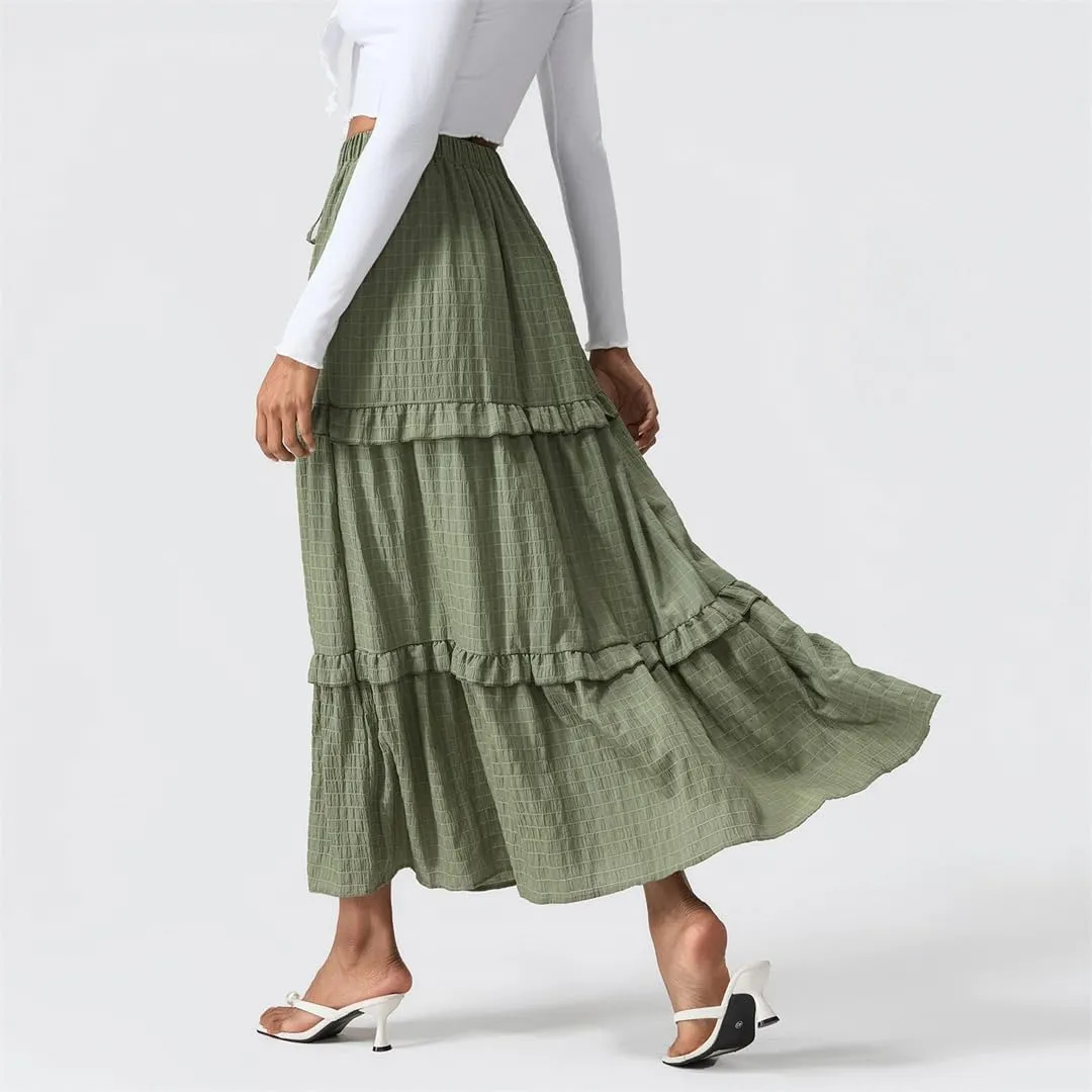 Women Summer Long Tiered Skirt Ruffled Shirred Frill Trim Elastic Waist Drawstring A-Line Skirt