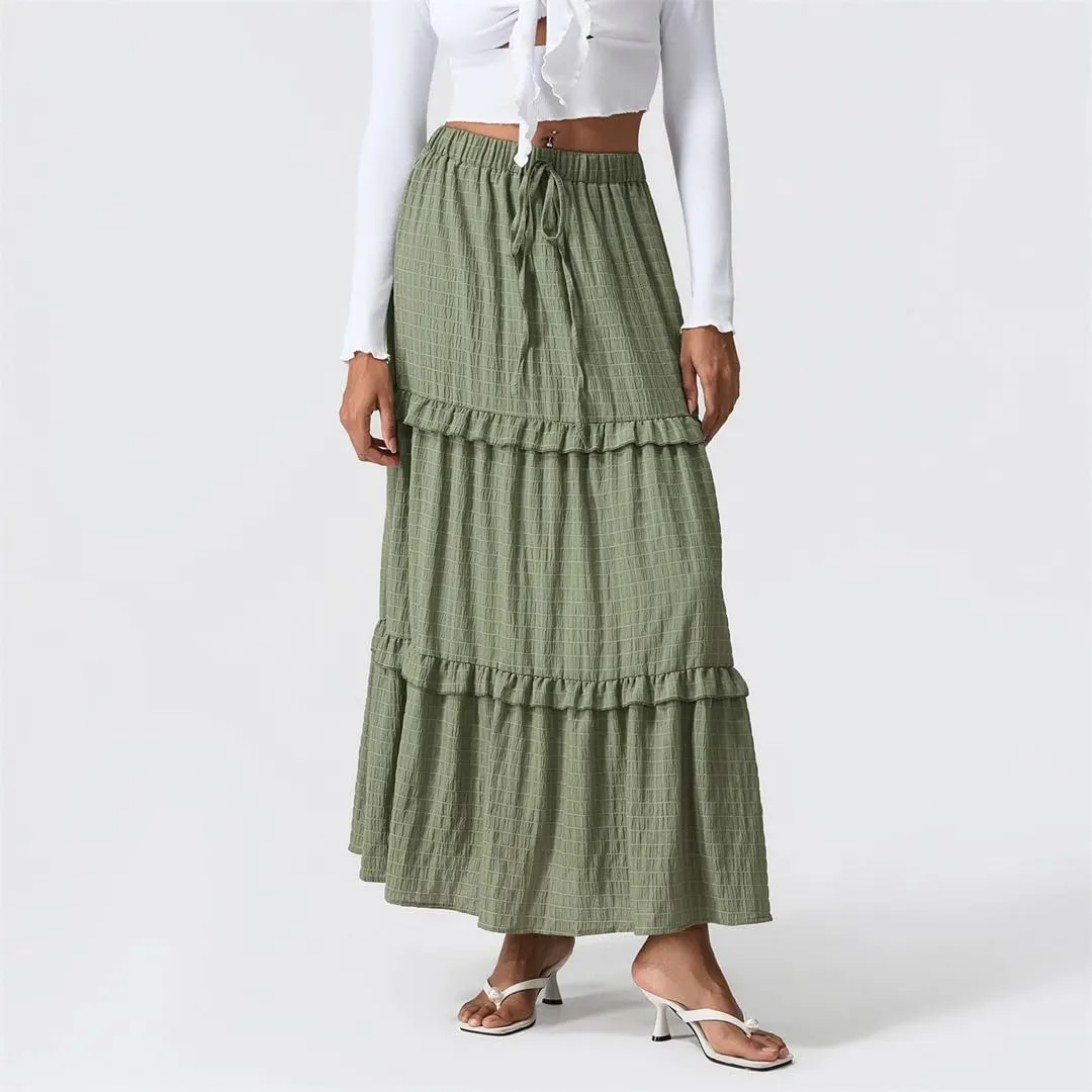 Women Summer Long Tiered Skirt Ruffled Shirred Frill Trim Elastic Waist Drawstring A-Line Skirt