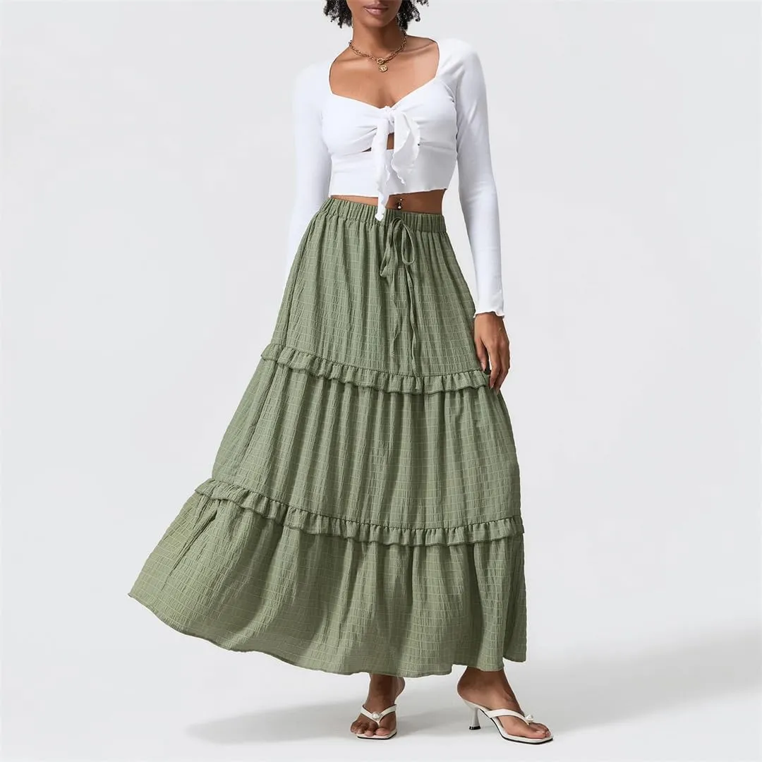 Women Summer Long Tiered Skirt Ruffled Shirred Frill Trim Elastic Waist Drawstring A-Line Skirt