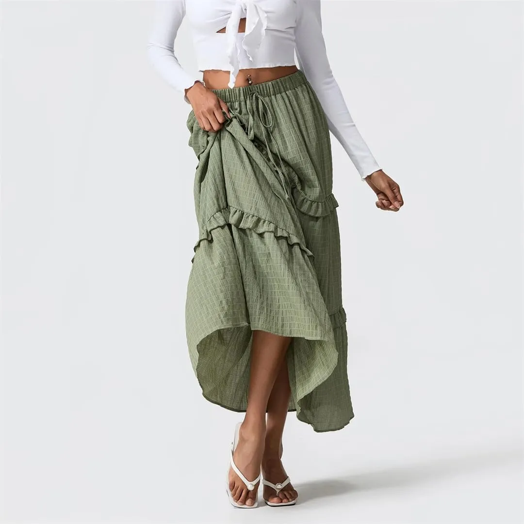 Women Summer Long Tiered Skirt Ruffled Shirred Frill Trim Elastic Waist Drawstring A-Line Skirt