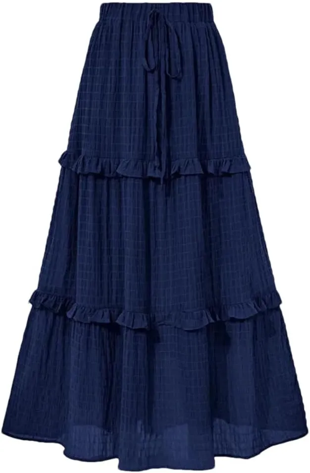 Women Summer Long Tiered Skirt Ruffled Shirred Frill Trim Elastic Waist Drawstring A-Line Skirt