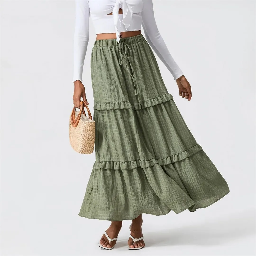 Women Summer Long Tiered Skirt Ruffled Shirred Frill Trim Elastic Waist Drawstring A-Line Skirt