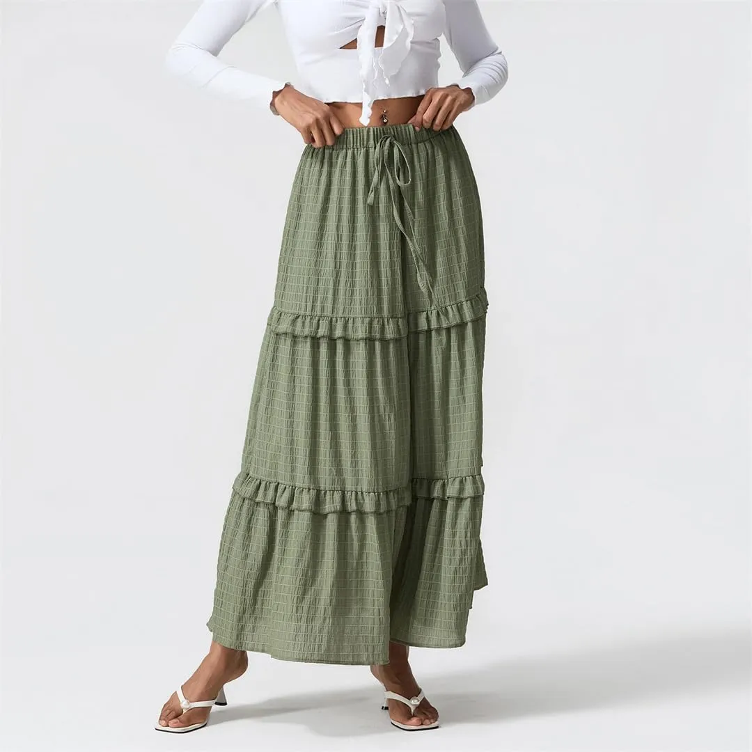 Women Summer Long Tiered Skirt Ruffled Shirred Frill Trim Elastic Waist Drawstring A-Line Skirt