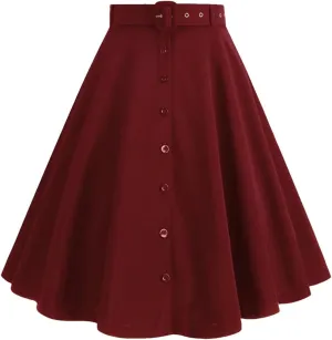 Women Summer Single Breasted Button Solid Vintage Skirt with Belt A Line Swing Flare Tea Skirts