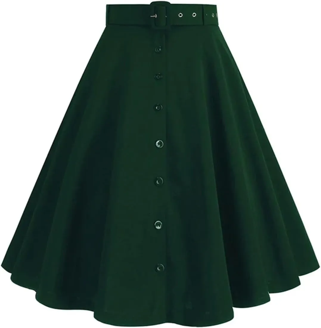 Women Summer Single Breasted Button Solid Vintage Skirt with Belt A Line Swing Flare Tea Skirts