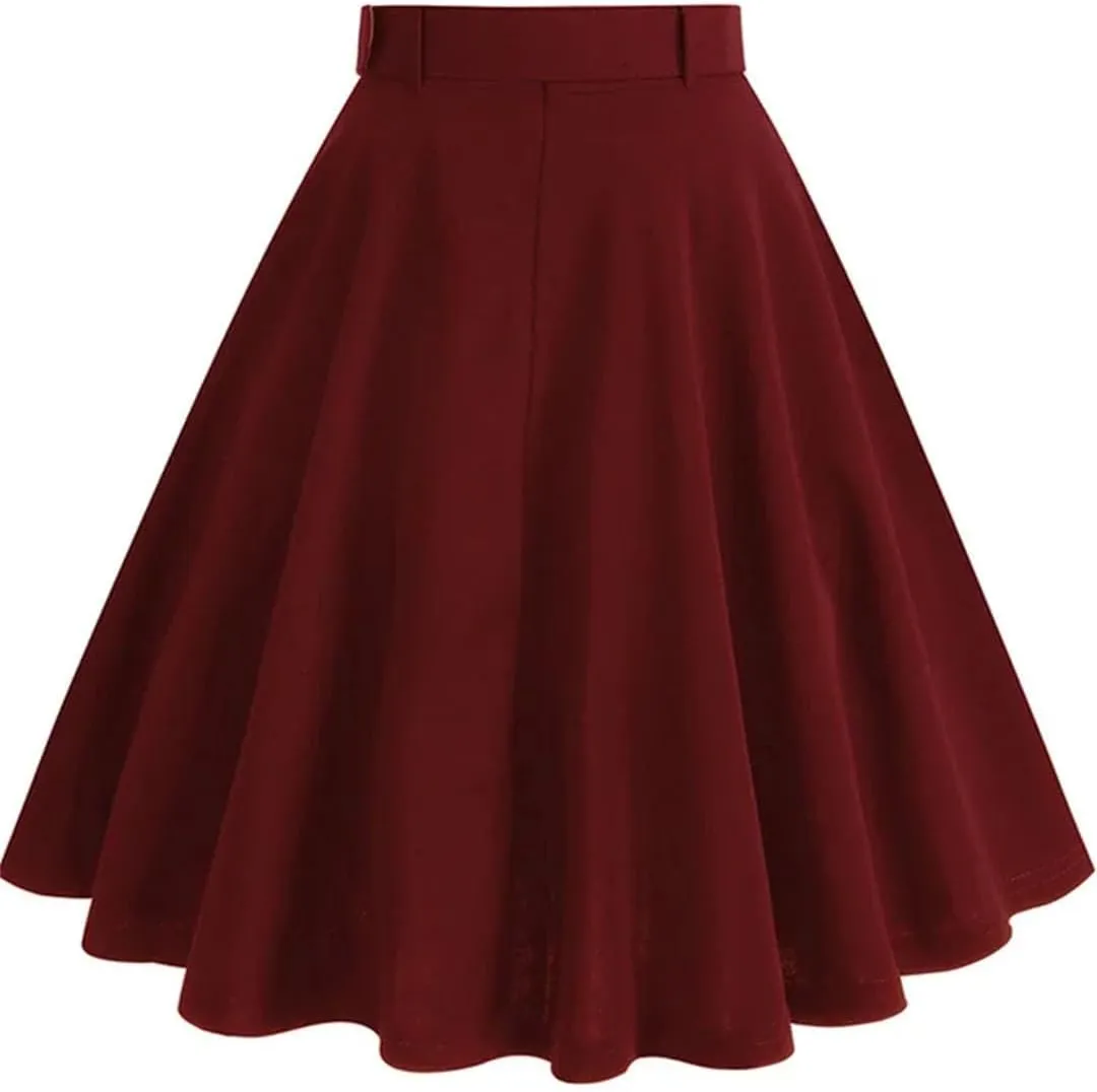 Women Summer Single Breasted Button Solid Vintage Skirt with Belt A Line Swing Flare Tea Skirts