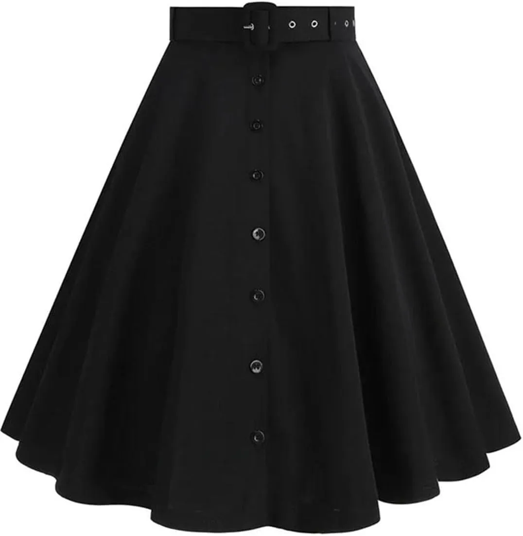 Women Summer Single Breasted Button Solid Vintage Skirt with Belt A Line Swing Flare Tea Skirts