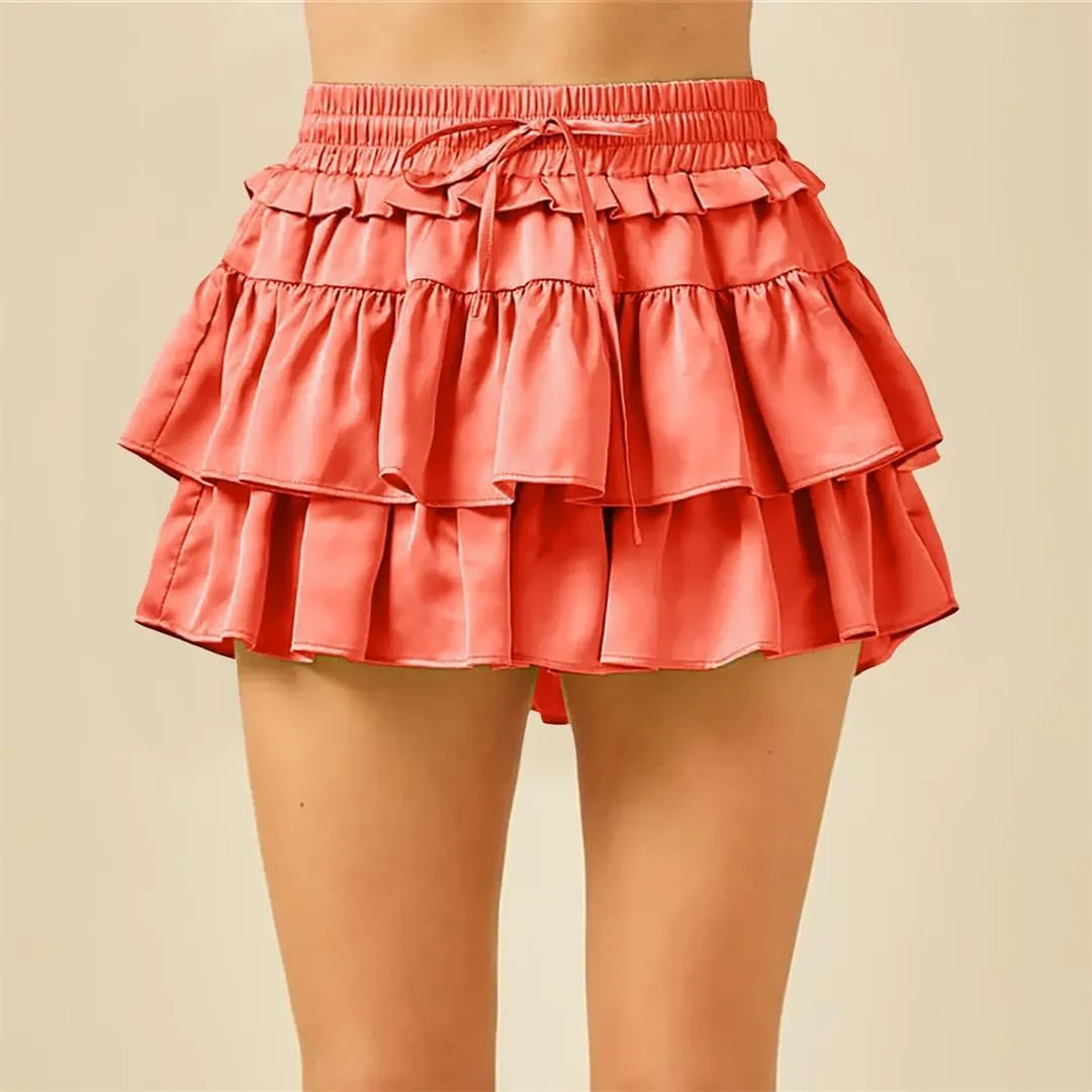 Women Tiered Layer Hem Ruffle High Elastic Waist Flared Mini Skirts Smocked A Line Pleated Mini Tennis Skirt