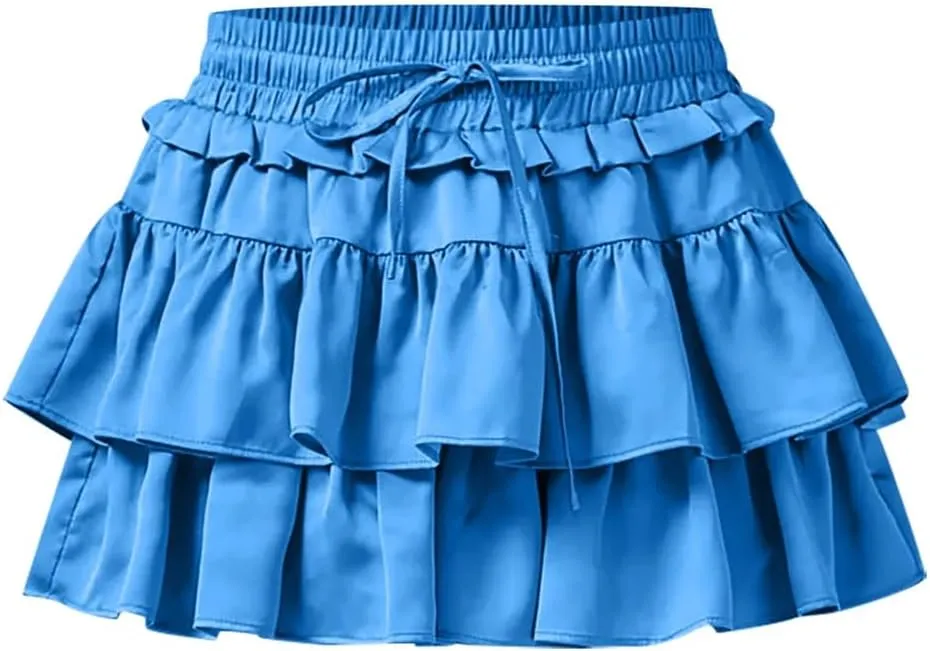 Women Tiered Layer Hem Ruffle High Elastic Waist Flared Mini Skirts Smocked A Line Pleated Mini Tennis Skirt