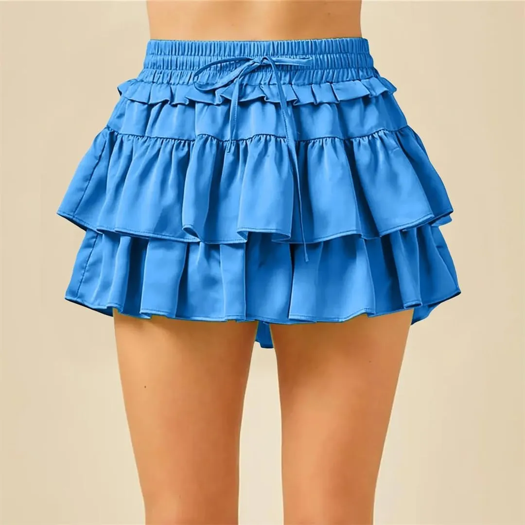 Women Tiered Layer Hem Ruffle High Elastic Waist Flared Mini Skirts Smocked A Line Pleated Mini Tennis Skirt