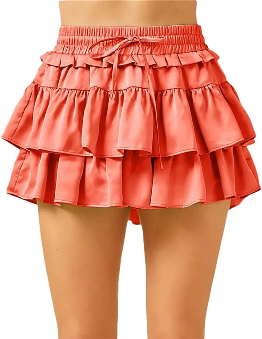 Women Tiered Layer Hem Ruffle High Elastic Waist Flared Mini Skirts Smocked A Line Pleated Mini Tennis Skirt