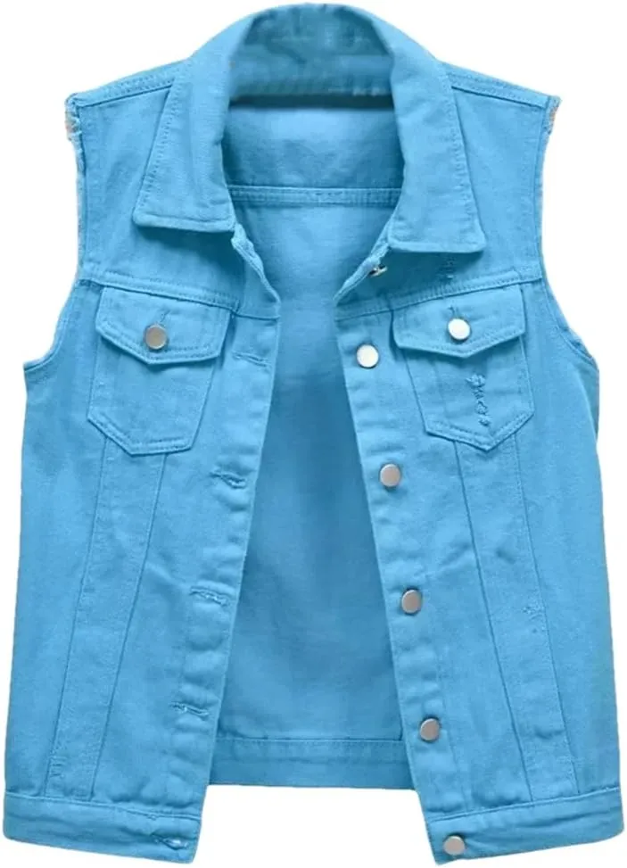 Women Turn-Down Collar Denim Vest Jacket Spring Autumn Streetwear Casual Sleeveless Coats