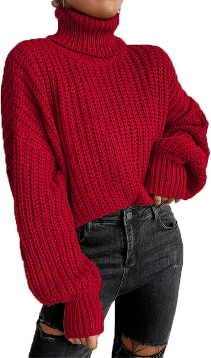 Women Turtleneck Long Sleeve Sweater Tops Knitted Casual Jumper Soft Comfy Oversize Pullovers(L-Red)