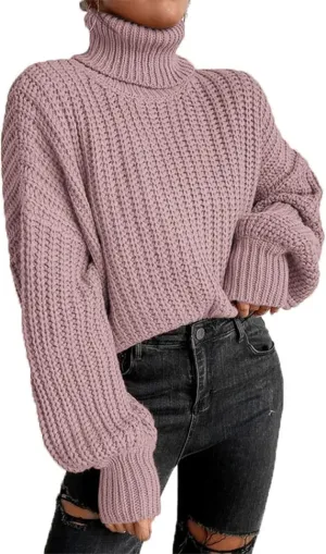 Women Turtleneck Long Sleeve Sweater Tops Knitted Casual Jumper Soft Comfy Oversize Pullovers(S-) Pink