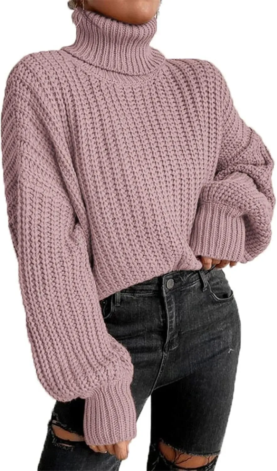 Women Turtleneck Long Sleeve Sweater Tops Knitted Casual Jumper Soft Comfy Oversize Pullovers(S-) Pink