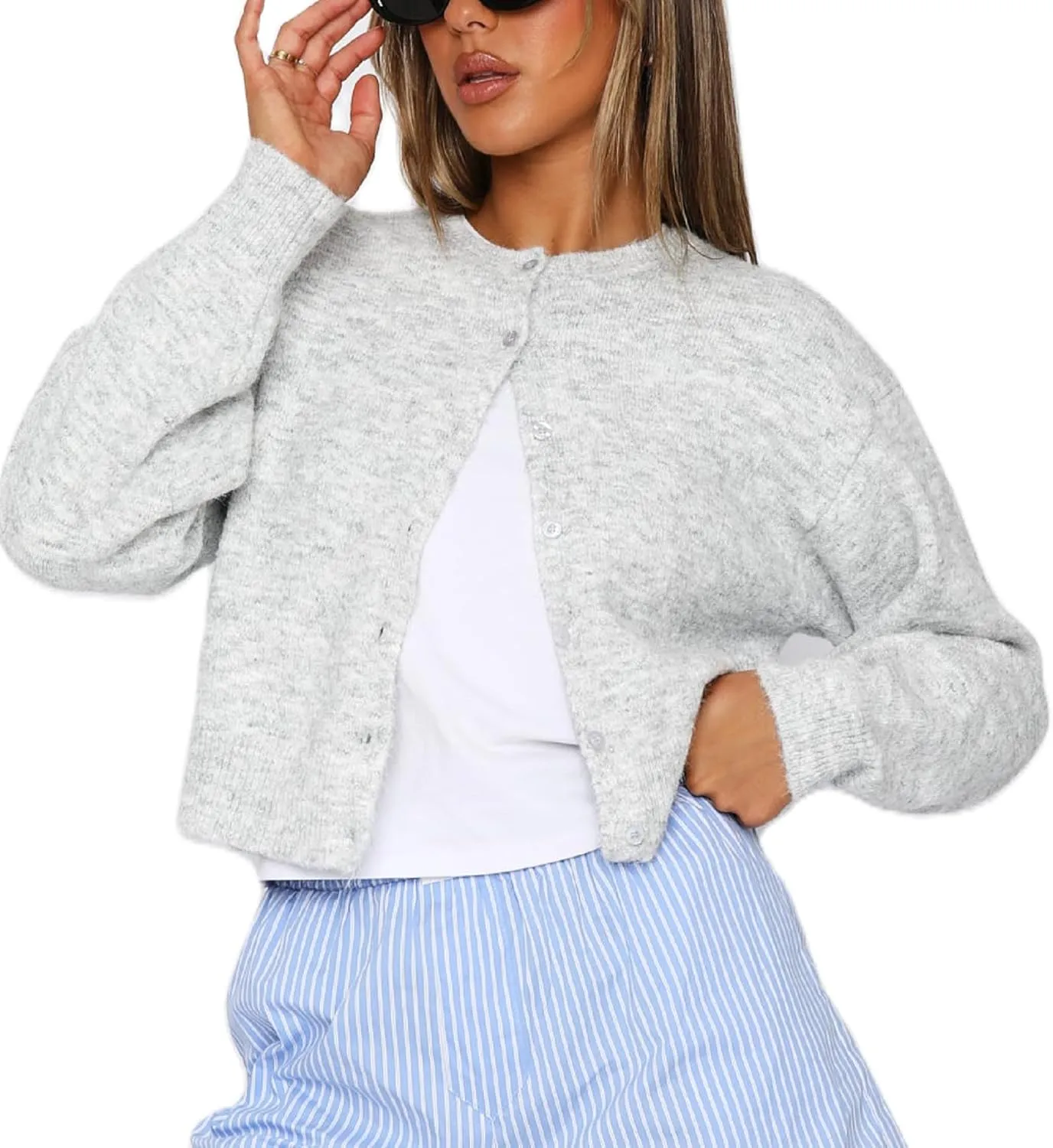 Women Y2k Button Down Crop Sweater Cardigan Long Sleeve Open Front Crewneck Cardigan Cute Knit Pullover Tops