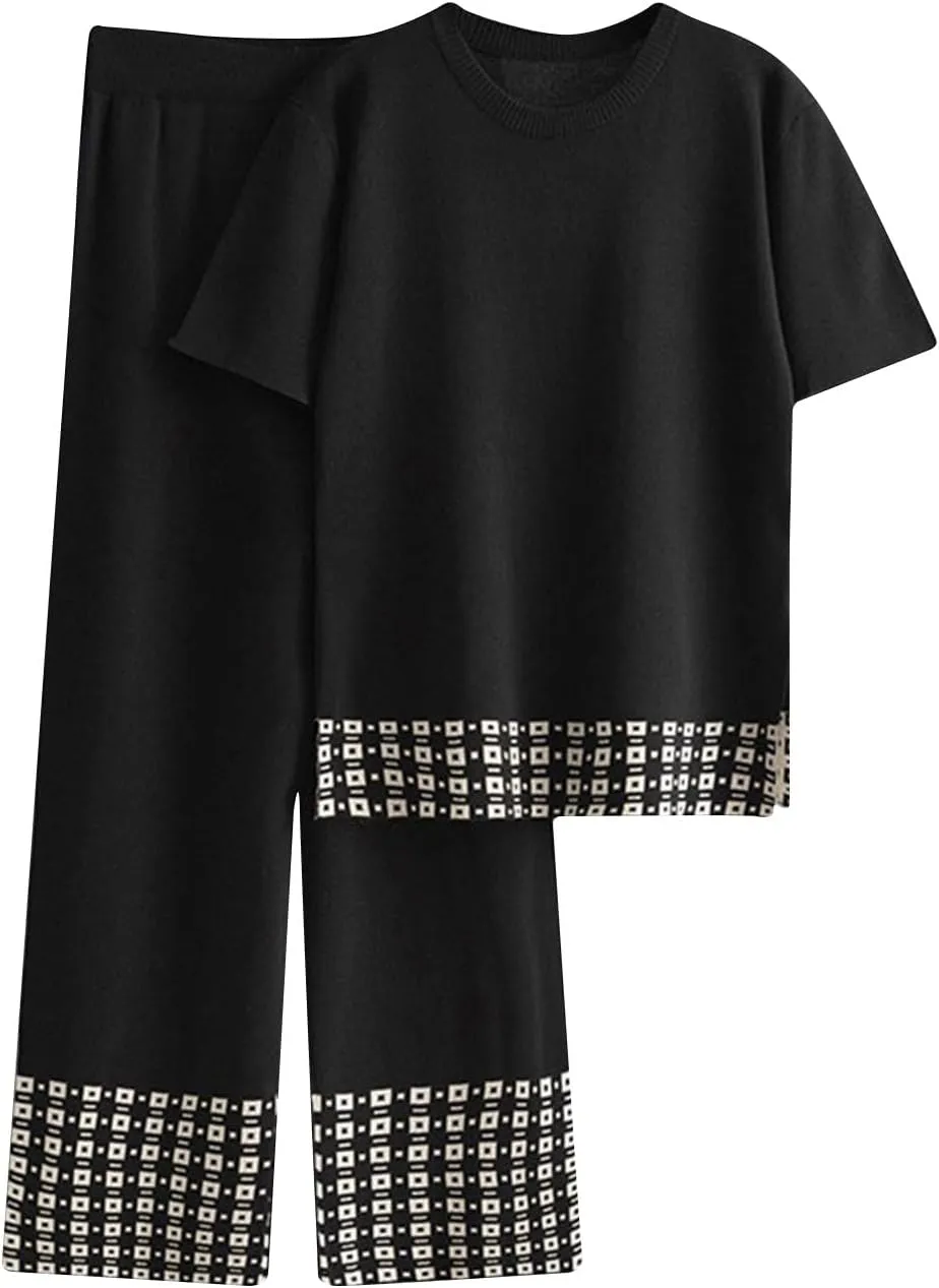 Women's 2 Piece Outfits Short Sleeve Knit Sweater Tops High Waist Wide Leg Pants Lounge Sets Casual Comfy Loungewear