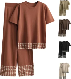 Women's 2 Piece Outfits Short Sleeve Knit Sweater Tops High Waist Wide Leg Pants Lounge Sets Casual Comfy Loungewear
