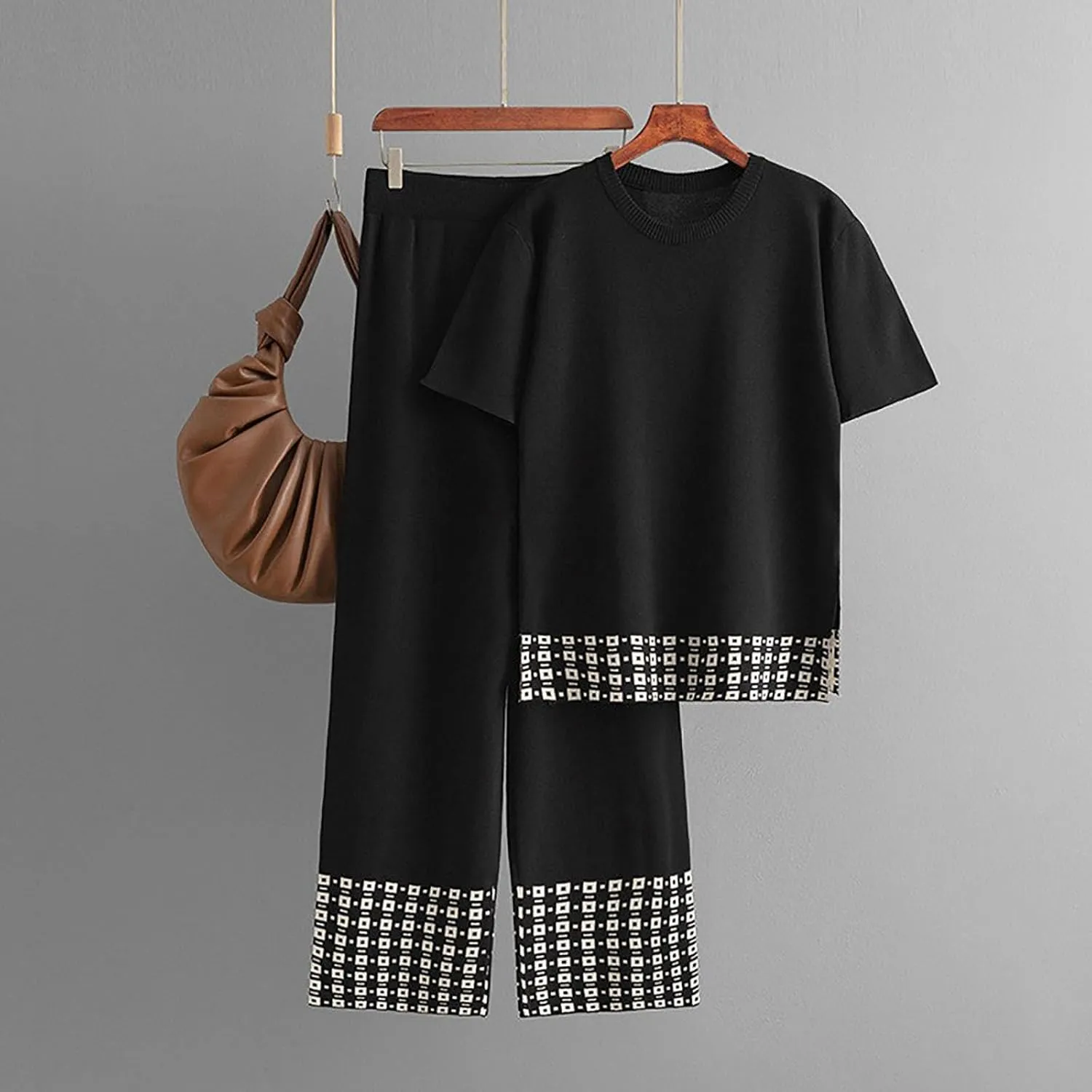 Women's 2 Piece Outfits Short Sleeve Knit Sweater Tops High Waist Wide Leg Pants Lounge Sets Casual Comfy Loungewear