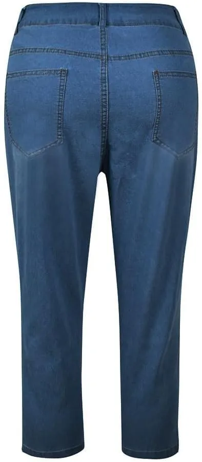Womens 3/4 Length Casual Jeans Trendy Stretch Zipper Button High Waiste Calf Denim Pant Gradient Tight Casual Trouser