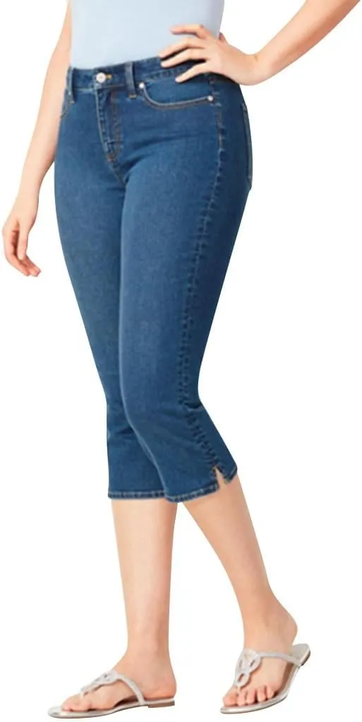 Womens 3/4 Length Casual Jeans Trendy Stretch Zipper Button High Waiste Calf Denim Pant Gradient Tight Casual Trouser