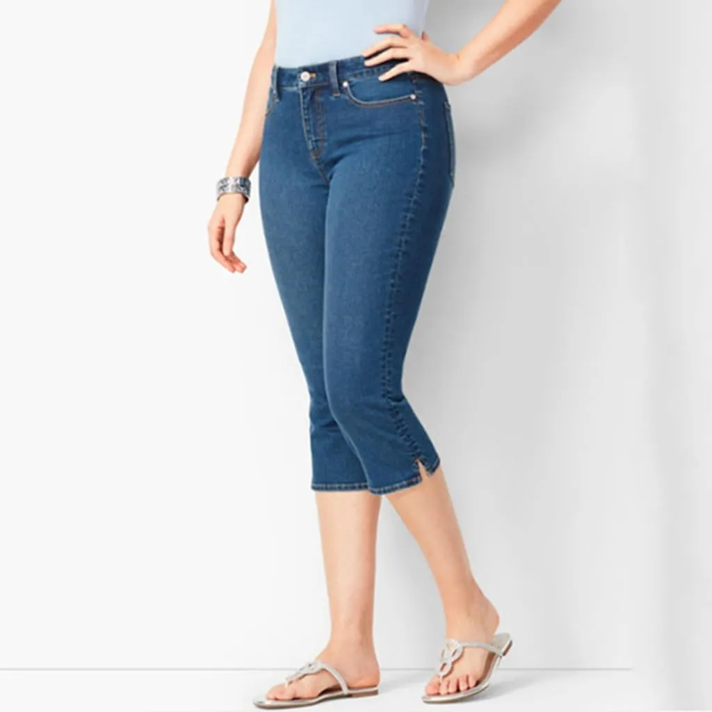 Womens 3/4 Length Casual Jeans Trendy Stretch Zipper Button High Waiste Calf Denim Pant Gradient Tight Casual Trouser