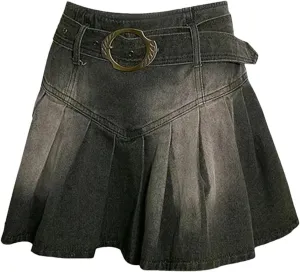 Women's A-Line Denim Pleated Skirt Mini Aesthetic Cowboy Skirt