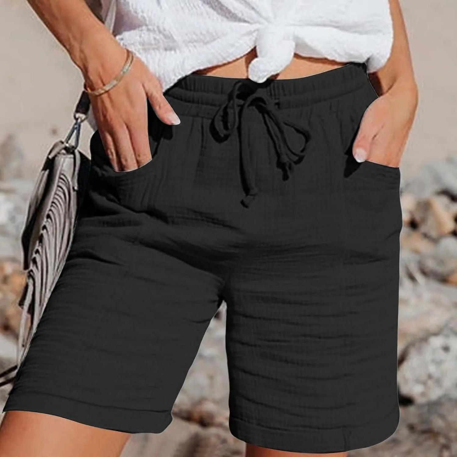 Womens Casaul Drawstring Linen Shorts Summer Hawaiian Beach Athletic Bermuda Sweatpant Elastic Waist Y2K Casual Short