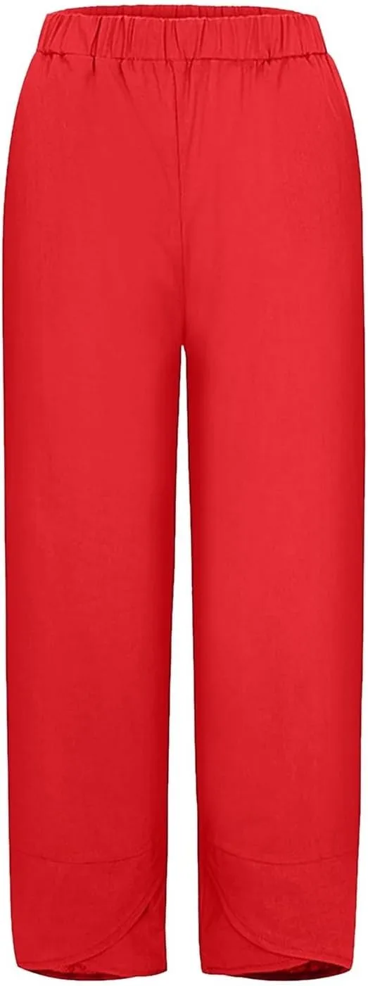 Womens Casual Cotton Linen Pants Trendy Elastic High Waist Crossover Leg Harem Trouser Workout Sport Lounge Sweatpant